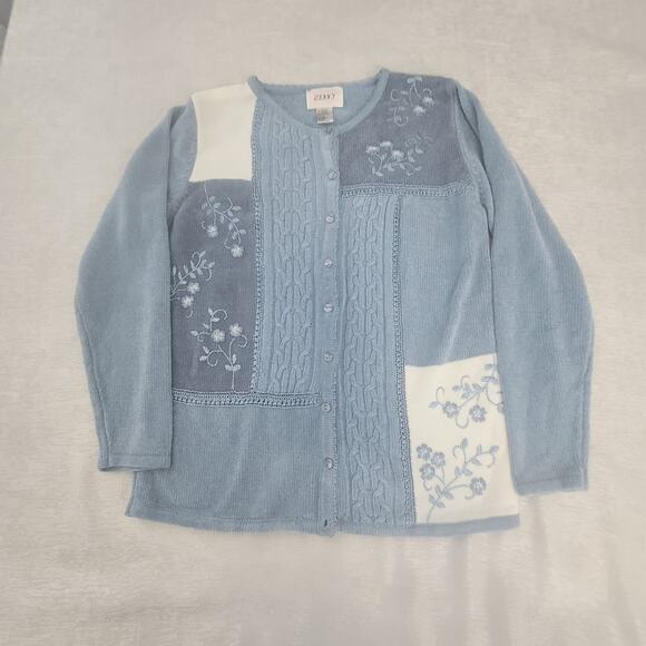 Jenny Vintage embroidered floral cardigan Grandmacore sweater blue Size Medium - Picture 3 of 9